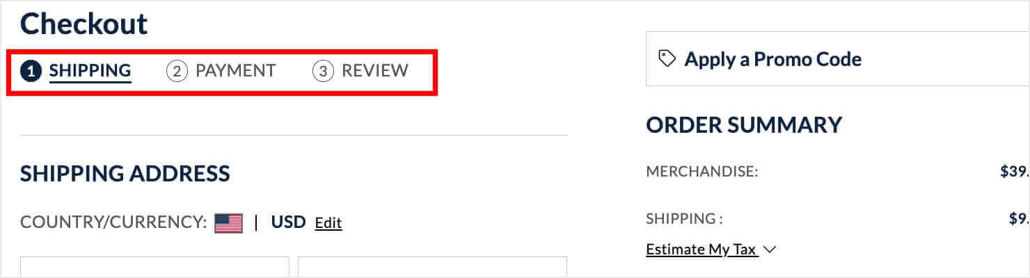  Checkout progress bar that shows 1. Shipping 2. Payment 3. Review