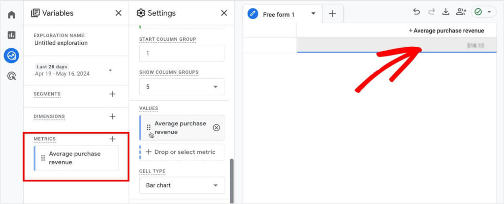 GA4 Exploration with "Average purchase revenue" listed under "Metrics" on the left. The table on the right shows the Average Purchase Revenue data.