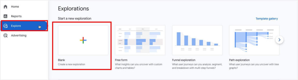 In the GA4 dashboard, click Explore in the left panel and choose the Blank: Create a new exploration option.