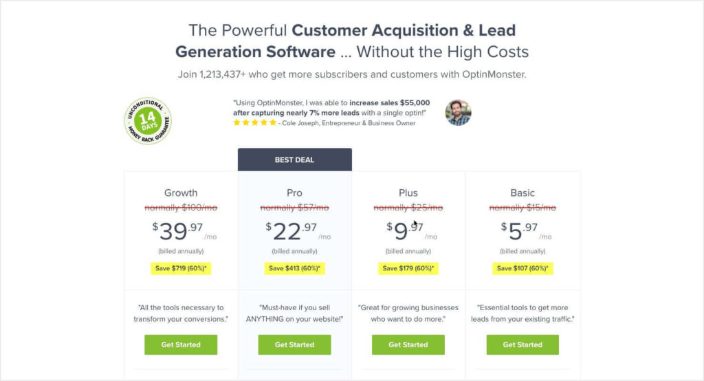 OptinMonster pricing page optimized for AOV.