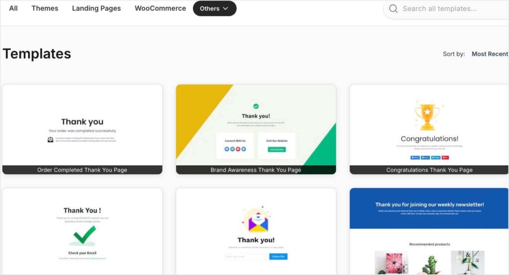 seedprod-thank-you-page-templates - OptinMonster Screenshot of SeedProd's thank you page templates
