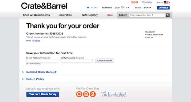 Crate & Barrel thank you page that asks customers to create an account.