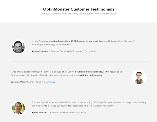 OptinMonster thank you page that includes 3 customer testimonials